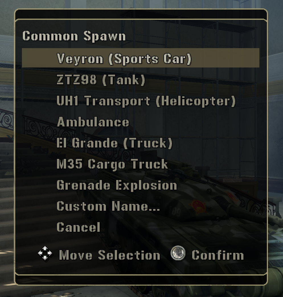 The in-game Common Spawn menu opened via the f5 hotkey, titled "Common Spawn" with Veyron (Sports Car) highlighted as the current selection, followed by ZTZ98 (Tank), UH1 Transport (Helicopter), Ambulance, El Grande (Truck), M35 Cargo Truck, Grenade Explosion, Custom Name..., and Cancel, with Move Selection and Confirm button prompts at the bottom and a tank model visible in the background.