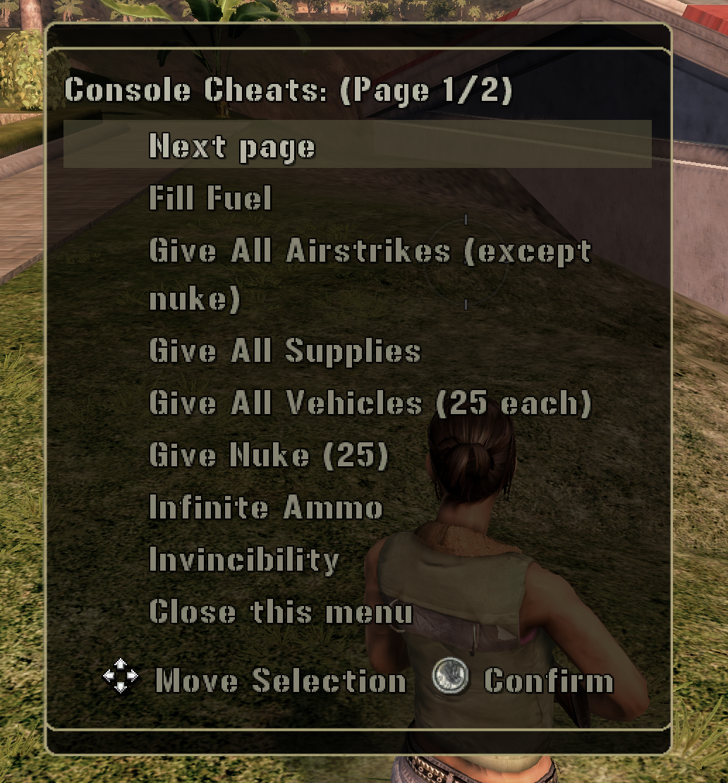 The in-game Console Cheats menu opened via the F3 hotkey — "Console Cheats: (Page 1/2)", listing Next page, Fill Fuel, Give All Airstrikes (except nuke), Give All Supplies, Give All Vehicles (25 each), Give Nuke (25), Infinite Ammo, Invincibility, and Close this menu, with the player character standing outdoors behind the dialog.