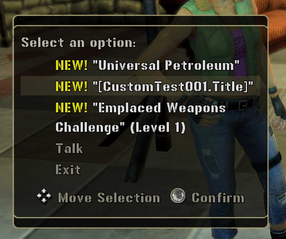 Fiona's root menu at the PMC HQ, showing "NEW! [CustomTest001.Title]" listed alongside the real "Universal Petroleum" and "Emplaced Weapons Challenge" briefing entries.