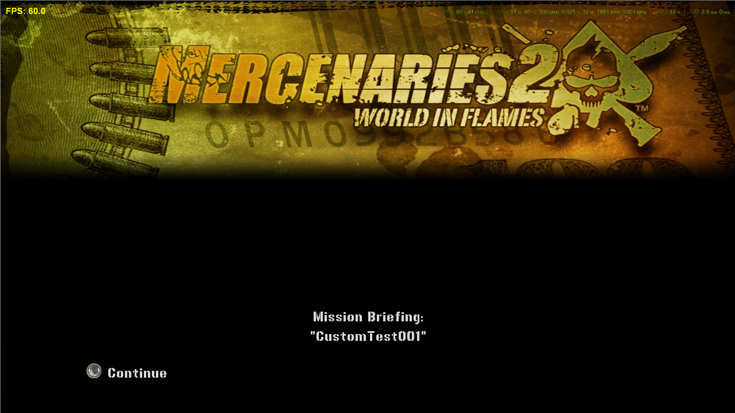 The generic placeholder briefing screen: a plain black loading-style background with the caption "Mission Briefing: "CustomTest001"" and a Continue prompt.
