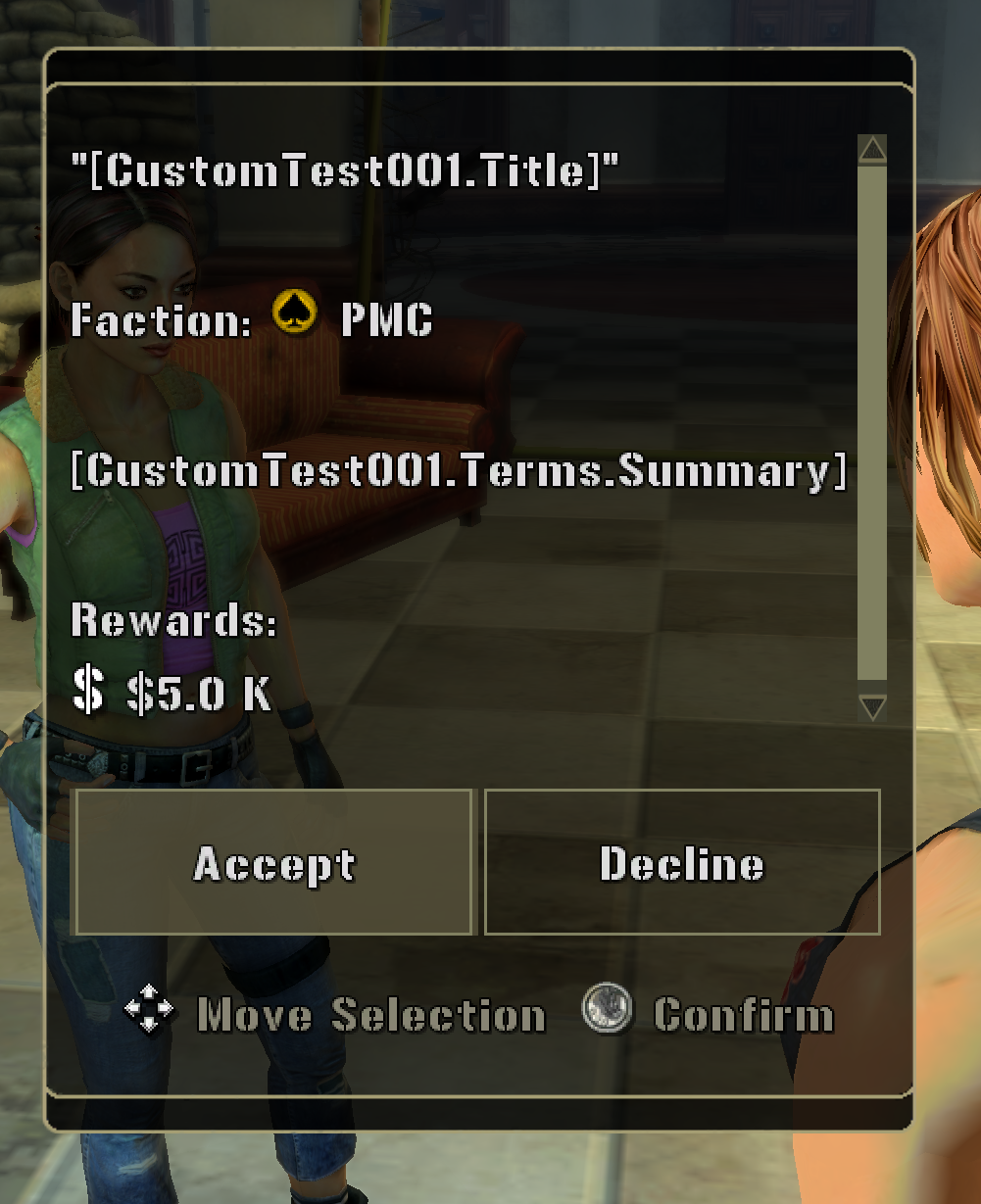 The accept/decline confirmation dialog, correctly populated from this mod's own config: "[CustomTest001.Title]", Faction: PMC, "[CustomTest001.Terms.Summary]", Rewards: $5.0K, with Accept/Decline buttons.