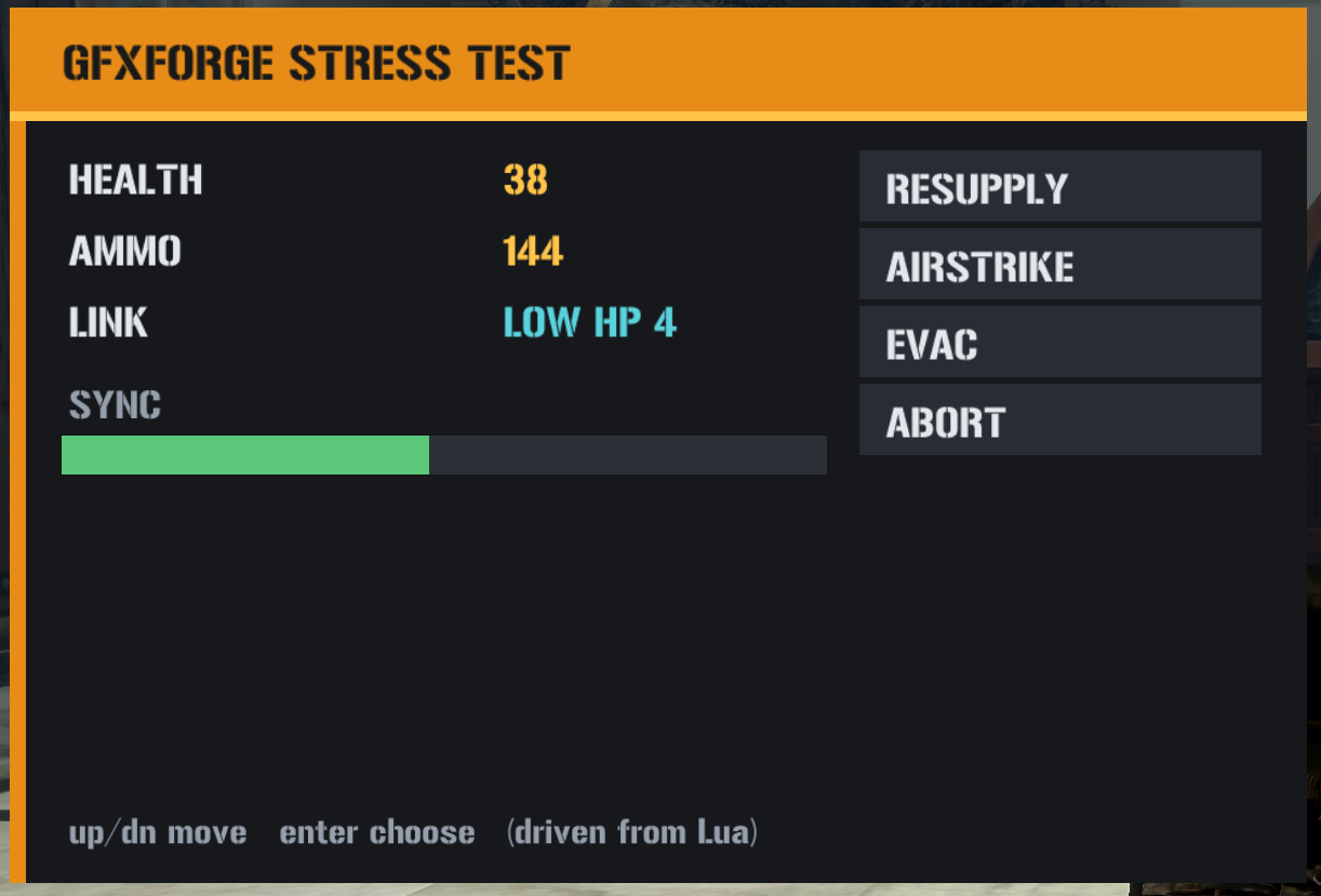 Custom GFx panel (stress-test script) running in-game