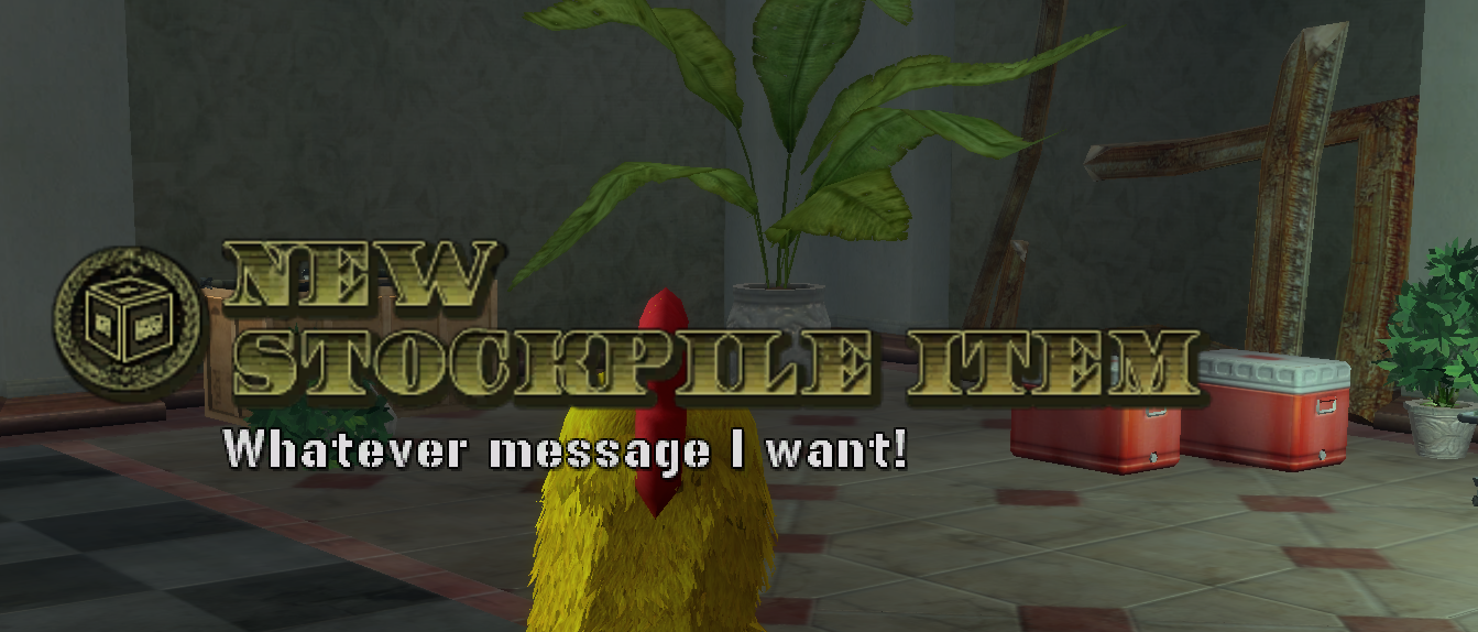 The same EventFanfare call but with a real, existing texture name reused instead — a gold "NEW STOCKPILE ITEM" header and a gold crate/box icon appear alongside the custom message text, with the header text coming from the reused texture's own built-in title rather than anything set by the script.
