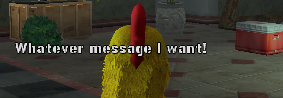The clean, icon-free EventFanfare toast notification showing only the plain text "Whatever message I want!" centered on screen over an indoor scene with a yellow chicken-costume character in the foreground.