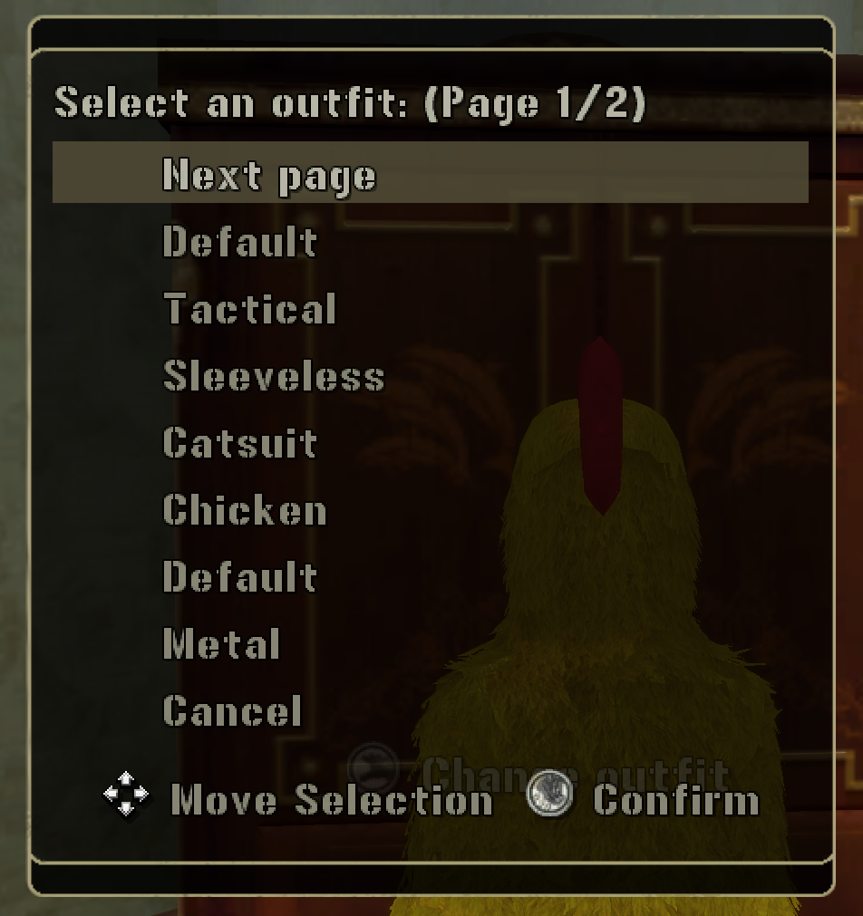 The merged, auto-paginated wardrobe menu in-game — "Select an outfit: (Page 1/2)", listing Next page, Default, Tactical, Sleeveless, Catsuit, Chicken, Default, Metal, and Cancel, with the currently-worn chicken-suit character model visible behind the dialog.
